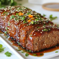 To make Teriyaki Glazed Meatloaf, you will need: - 1 lb ground beef (or turkey for a lighter option) - 1/2 cup breadcrumbs - 1/4 cup grated carrot - 1/4 cup finely chopped green onions - 1/4 cup teriyaki sauce (plus extra for glazing) - 1 large egg - 2 cloves garlic, minced - 1 teaspoon ginger, grated - 1/2 teaspoon salt - 1/2 teaspoon black pepper - 1/2 teaspoon sesame oil - Sesame seeds (for garnish) - Fresh cilantro (for garnish) You can easily swap some ingredients if needed: - Use ground turkey instead of beef for a healthier choice. - If you don't have breadcrumbs, crushed crackers work well. - For a veggie boost, try adding finely chopped bell peppers or zucchini. - You can replace teriyaki sauce with soy sauce mixed with a bit of honey. - If you want a gluten-free version, use gluten-free breadcrumbs. Garnish adds flair to your dish. Here are a few ideas: - Sprinkle sesame seeds on top for crunch. - Add fresh cilantro for a pop of color and flavor. - Chopped green onions can enhance the look and taste. - A drizzle of extra teriyaki sauce adds sweetness and shine. These ingredients and tips will make your Teriyaki Glazed Meatloaf both tasty and fun to prepare! {{ingredient_image_1}} First, set your oven to 350Β°F (175Β°C). This temperature is perfect for cooking meatloaf. Preheating ensures even cooking. While the oven heats, gather your ingredients. In a large bowl, add the ground beef or turkey. Next, add the breadcrumbs, grated carrot, and chopped green onions. Pour in 1/4 cup of teriyaki sauce, then crack in the egg. Add the minced garlic, grated ginger, salt, pepper, and sesame oil. Mix everything until just combined. Avoid overmixing, as this can make your meatloaf tough. Lightly grease a loaf pan or line it with parchment paper. Transfer the meat mixture into the pan. Press it down gently to shape it. Now, brush a thin layer of teriyaki sauce over the top. This glaze adds flavor and a nice shine. Place your loaf pan in the preheated oven. Bake for 45-50 minutes. Check that the internal temperature reaches 160Β°F (70Β°C). Halfway through baking, you can add another layer of teriyaki sauce for extra flavor. Once cooked, let it rest for about 10 minutes before slicing. This keeps the juices in. Slice and serve with more teriyaki sauce, if you like. Garnish with sesame seeds and fresh cilantro for a lovely touch. To keep your meatloaf moist, watch your mixing. Mix the ingredients just enough. Overmixing makes it dry. Use breadcrumbs as a binder; they soak up moisture. Add grated carrot for extra moisture. You can also add a splash of milk to the mix. When you bake, cover it with foil for the first half. This helps trap steam and keep it juicy. Finally, let the meatloaf rest before slicing. This way, the juices stay inside. Pair your teriyaki glazed meatloaf with tasty sides. Steamed rice is a great choice. It soaks up the teriyaki sauce. You can also serve it with stir-fried vegetables. Broccoli, bell peppers, or snap peas work well. A simple salad adds fresh crunch too. Try a cucumber salad for a cool bite. These sides bring balance to the rich meatloaf. When serving, slice the meatloaf thick. Drizzle more teriyaki sauce over the top. Garnish with sesame seeds for crunch. Fresh cilantro adds a pop of color and flavor. Present it on a nice platter to impress. You can even create a meatloaf sandwich for lunch. Use the leftovers with some crusty bread for a tasty treat! Pro Tips Use Lean Meat: Opt for lean ground beef or turkey to keep the meatloaf moist without excess fat. Donβt Overmix: Mix the ingredients until just combined to ensure a tender meatloaf; overmixing can make it tough. Rest Before Slicing: Allow the meatloaf to rest for at least 10 minutes after baking to help retain its juices. Experiment with Add-Ins: Feel free to add other vegetables like bell peppers or mushrooms for extra flavor and nutrition. {{image_2}} If you want a lighter meal, use ground turkey or lean ground beef. Turkey is lower in fat, making it a great choice. Lean ground beef also works well. Both options keep the dish tasty and satisfying. For a meatless option, try using lentils or chickpeas. You can mash cooked lentils or chickpeas to form the base. Add breadcrumbs and your favorite veggies. Use the same spices and teriyaki sauce for flavor. This way, you keep the spirit of the dish while making it plant-based. To boost flavor, add spices like smoked paprika or garlic powder. A dash of chili flakes brings a nice kick. You can also mix in different sauces. Try hoisin or soy sauce for a unique twist. Feel free to get creative with toppings too. A sprinkle of green onions or crushed peanuts adds crunch and color. After cooking, let your teriyaki glazed meatloaf cool. Wrap it in plastic wrap or foil. You can also place it in an airtight container. Store it in the fridge for up to four days. This keeps it fresh and ready for quick meals. If you want to save some for later, freezing is a great option. First, let the meatloaf cool completely. Wrap it tightly in plastic wrap, then in aluminum foil. Place it in a freezer bag or container. It can last for up to three months in the freezer. When you need it, just thaw it in the fridge overnight. To reheat your meatloaf, preheat your oven to 350Β°F (175Β°C). Place the meatloaf in a baking dish. Cover it with foil to keep it moist. Heat for about 20-25 minutes. You can also use a microwave. Slice the meatloaf and place it on a microwave-safe plate. Heat it for 1-2 minutes or until warm. Add extra teriyaki sauce for more flavor. Enjoy your meal! You should cook Teriyaki Glazed Meatloaf for 45 to 50 minutes. This time ensures the meatloaf reaches an internal temperature of 160Β°F (70Β°C). A meat thermometer helps check this. If you want a deeper glaze, add more teriyaki sauce halfway through cooking. Let it rest for 10 minutes after baking. This helps keep it juicy and makes slicing easier. Yes, you can use turkey instead of ground beef. Turkey makes the meatloaf lighter and lower in fat. You can also mix meats, like beef and pork, for added flavor. Just keep the other ingredients the same. This way, you still get a tasty teriyaki flavor in your dish. Teriyaki Glazed Meatloaf pairs well with many sides. Consider serving it with: - Steamed rice - Stir-fried vegetables - Mashed potatoes - A fresh salad These sides balance the sweet and savory flavors of the meatloaf. You can also drizzle more teriyaki sauce over rice for added flavor. Enjoy your meal with a touch of fun! This blog post covered everything you need for a great meatloaf. We discussed the main ingredients, substitutions, and garnishes you might try. You learned step-by-step instructions for making it moist and tasty. I also shared tips to avoid dryness and suggested sides to serve. In the end, whether you choose a classic or a healthier option, enjoy the process. Meatloaf is versatile, and you can make it your own. Happy cooking!