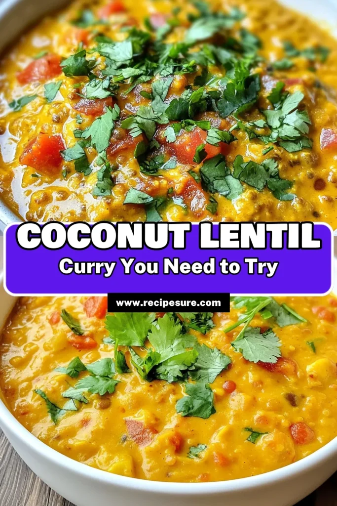 Dive into the delicious world of Creamy Coconut Lentil Curry! This Vegan Lentil Curry Recipe is a wholesome dish that combines rich Coconut Milk Lentils with vibrant spices for an Easy Coconut Curry that's perfect for any meal. Made with simple ingredients, this Vegetarian Curry with Lentils is quick to prepare and full of flavor. Save this recipe now and enjoy a comforting dish tonight! #VeganRecipes #CurryLovers #LentilRecipes #HealthyEating