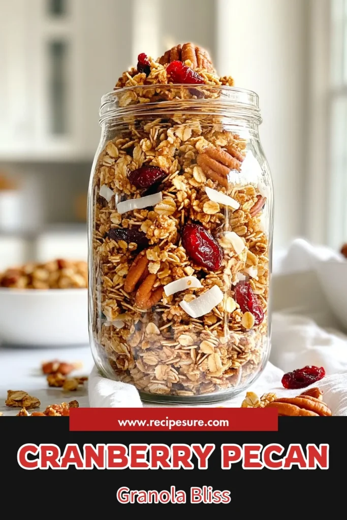 Discover the deliciousness of Cranberry Pecan Granola with this easy granola recipe that's packed with flavor and healthy ingredients! Made with rolled oats, crunchy pecans, and sweet dried cranberries, this homemade granola recipe is perfect for breakfast or a snack. It's a healthy granola with nuts that your family will love. Try it out today and enjoy the goodness in every bite! Save this recipe! #GranolaRecipe #HealthySnacks #HomemadeGranola #CranberryGranola