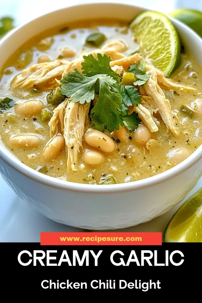 Looking for a satisfying bowl of Creamy Garlic Chicken Chili? This White Bean Chicken Chili Recipe features tender shredded chicken, wholesome white beans, and a rich creamy broth that’s simply irresistible. Perfect for cozy nights, this Easy Chili Recipe with Chicken combines spices for a hearty kick. Enjoy your Spicy White Chicken Chili topped with fresh cilantro and lime. Save this delicious recipe for later! #ChiliRecipe #ChickenChili #ComfortFood #RecipeIdeas