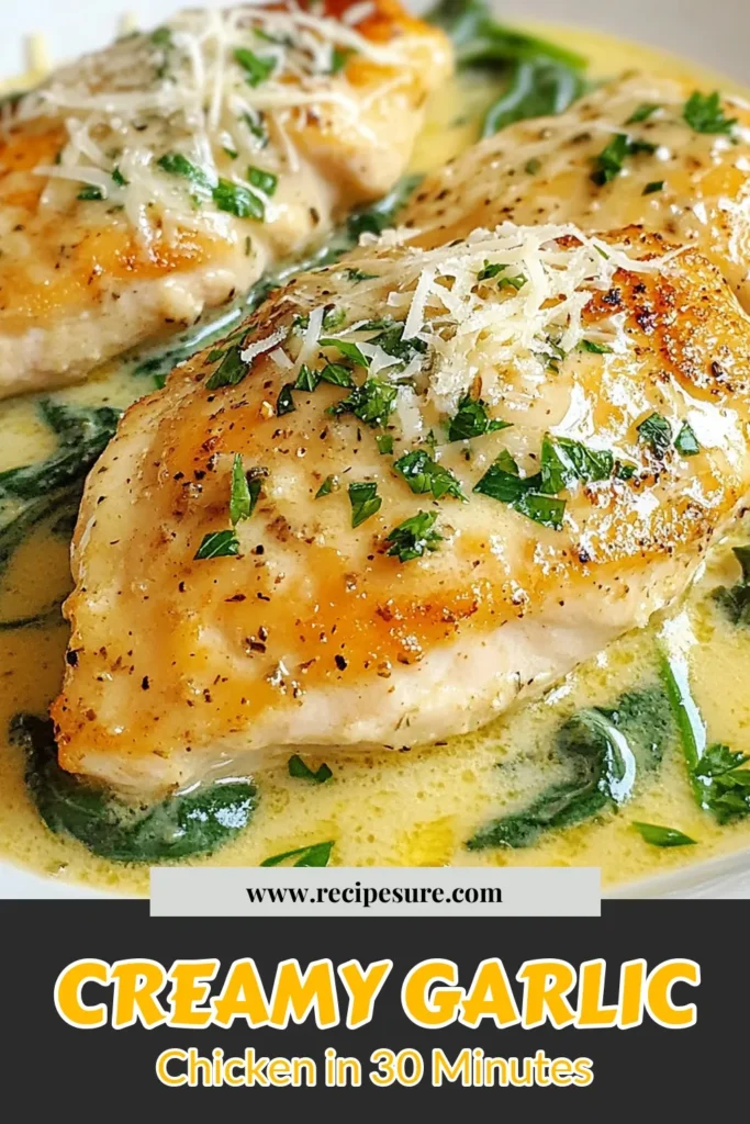Indulge in this Creamy Garlic Spinach Chicken, a simple and delicious meal perfect for any night of the week. This Easy Garlic Spinach Chicken features tender chicken breasts smothered in a rich Chicken with Garlic Spinach Sauce, combined with fresh spinach and creamy Parmesan. Ready in 30 minutes, this Creamy Chicken Recipe is ideal for busy families. Try this Garlic Spinach Chicken Breast tonight and enjoy a flavorful dinner! Save this recipe for later! #GarlicSpinachChicken #CreamyChicken #EasyDinner #ChickenRecipes