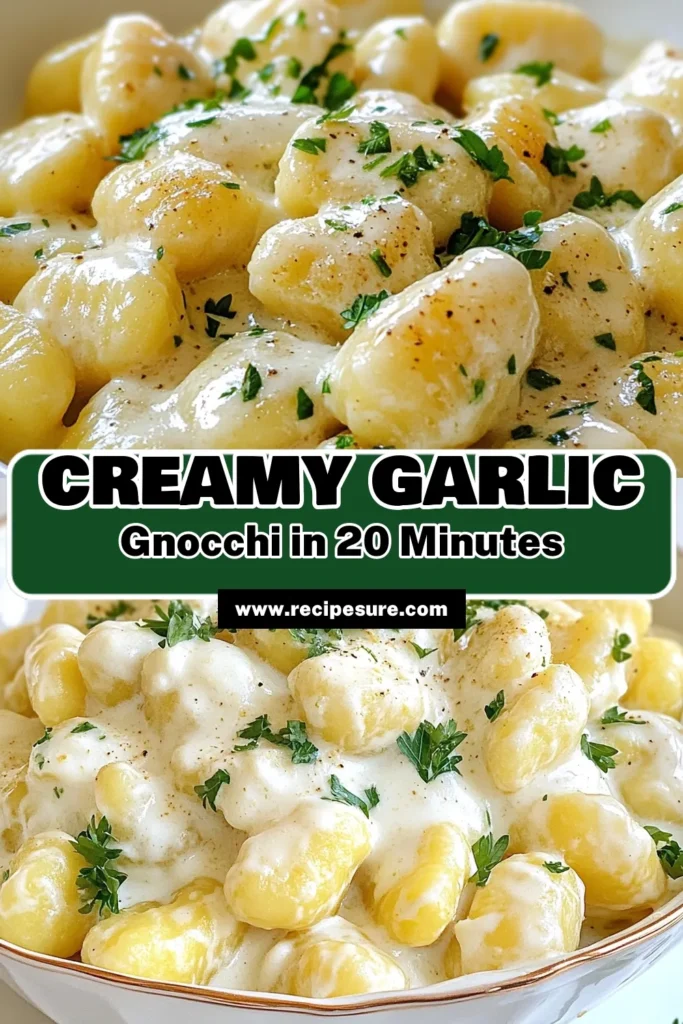 Indulge in this creamy garlic parmesan gnocchi recipe that promises to elevate your dinner experience. This easy gnocchi dish features tender potato gnocchi enveloped in a rich garlic parmesan sauce, making it perfect for a homemade gnocchi dinner. Ready in just 20 minutes, it's a go-to for busy weeknights. Try this delicious potato gnocchi recipe today and impress your family! Save for later! #GnocchiRecipe #PastaLover #ComfortFood #EasyRecipes