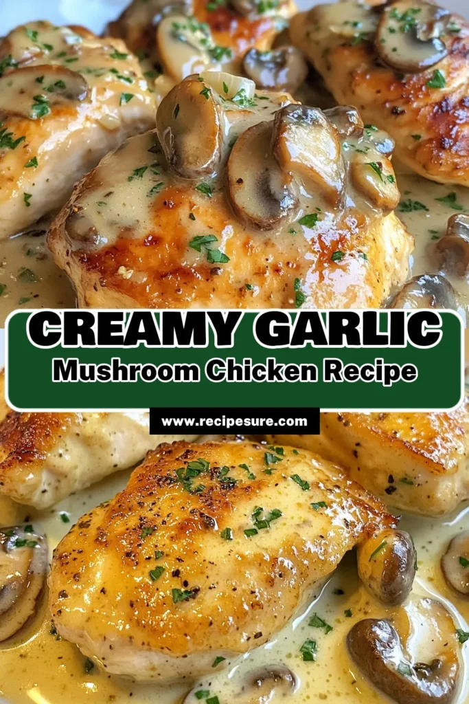 Indulge in this delicious Creamy Garlic Mushroom Chicken, the ultimate comfort food recipe! This easy mushroom chicken dish features tender chicken breasts smothered in a savory sauce made with creamy garlic and sautéed mushrooms. Perfect for a quick weeknight dinner, this recipe is a must-try for any chicken lover. Save this recipe now and bring warmth to your table tonight! #CreamyGarlicMushroomChicken #SavoryChickenRecipes #EasyMushroomChicken #ComfortFoodRecipes