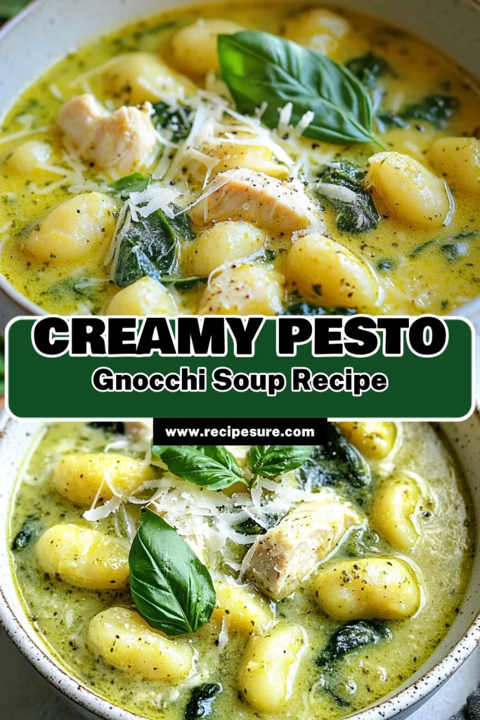 Warm up with this comforting Creamy Pesto Chicken Gnocchi Soup! This easy creamy soup recipe combines tender chicken, fluffy gnocchi, and rich basil pesto for a delicious meal that's perfect for any night. Ready in just 35 minutes, this chicken gnocchi soup will become a family favorite. Don't miss out on this amazing gnocchi soup recipe - save it now and enjoy comforting flavors tonight! #CreamyPestoChickenSoup #GnocchiSoupRecipe #EasyCreamySoupRecipes #ChickenGnocchiSoup