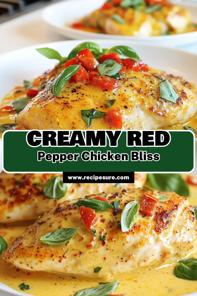 Discover the deliciousness of creamy roasted red pepper chicken with this easy chicken recipe! This baked chicken with cream sauce features tender chicken breasts seared to perfection and served in a rich roasted red pepper sauce. Perfect for a one-pan chicken dinner that's both simple and satisfying! Try it tonight and elevate your meal game! Save and share this recipe! #CreamyRoastedRedPepperChicken #EasyChickenRecipes #OnePanChickenDinner #BakedChickenWithCreamSauce