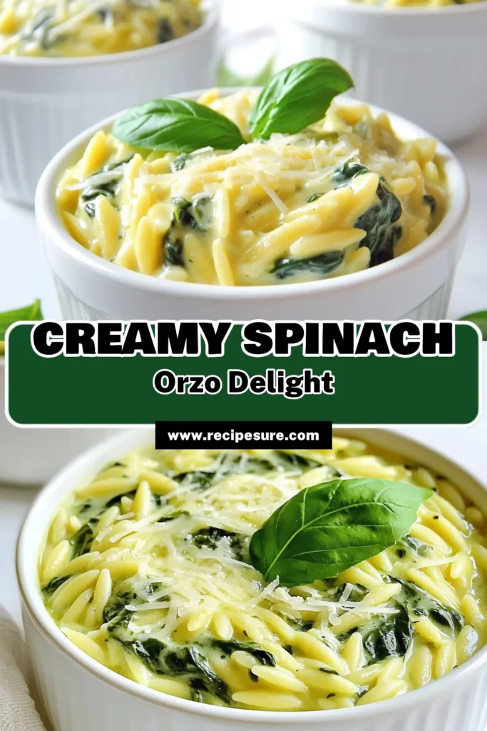 Indulge in this delightful creamy spinach orzo, a perfect blend of flavors and textures. This Parmesan orzo recipe is not only creamy and rich but also a quick and easy spinach pasta dish ideal for busy weeknights. Enjoy a satisfying vegetarian orzo dish that combines fresh spinach with the comforting taste of creamy pasta. Try it today and elevate your dinner! Save this recipe for later. #CreamySpinachOrzo #EasySpinachPasta #VegetarianOrzoDish #ParmesanOrzoRecipe