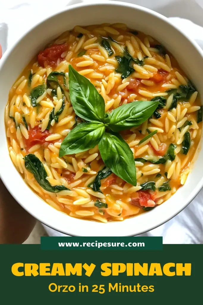 Savor the deliciousness of creamy tomato spinach orzo, a quick pasta recipe that's perfect for any meal! This easy orzo recipe combines tender orzo with fresh spinach and flavorful tomatoes, making it a delightful vegetarian orzo dish. In just 25 minutes, you can whip up this comforting orzo with spinach and tomatoes that your family will love. Save this recipe for a cozy night in! #CreamyTomatoSpinachOrzo #EasyOrzoRecipes #VegetarianRecipes #QuickPastaRecipes