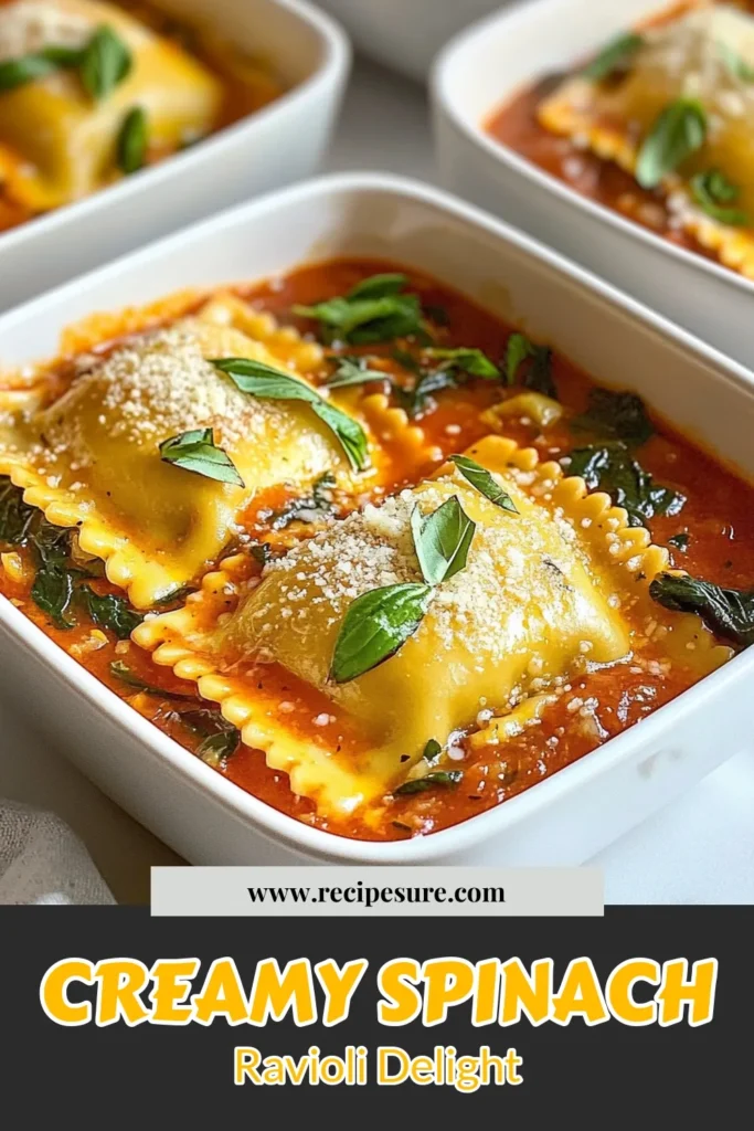 Indulge in this creamy tomato spinach ravioli, perfect for an easy weeknight meal. This easy ravioli recipe combines spinach and cheese ravioli with a homemade ravioli sauce that is rich and flavorful. Ready in just 25 minutes, it's the ultimate quick pasta dinner recipe for busy nights. Try it tonight and impress your family! Save this delicious recipe for your next dinner idea! #RavioliRecipe #PastaDinner #QuickMeals #HealthyEating