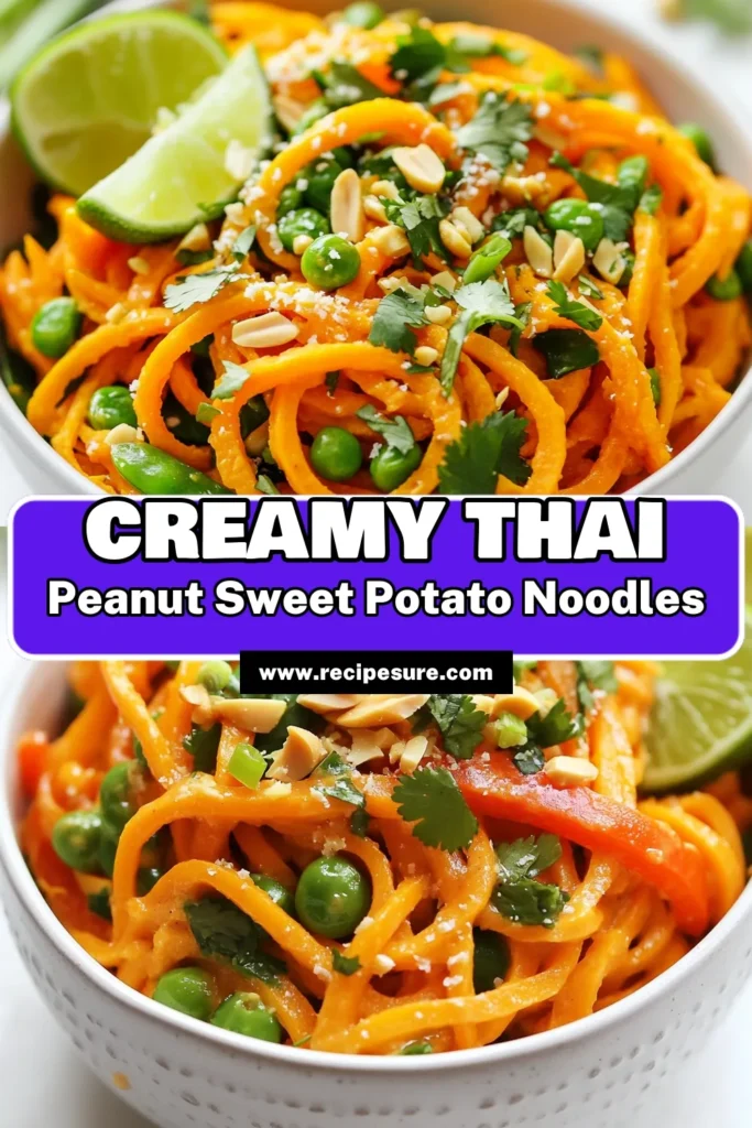 Indulge in this delicious Thai Peanut Sweet Potato Noodles recipe that's not only gluten-free but also packed with flavor! Learn how to make this spiralized sweet potato dish topped with a creamy peanut sauce that's easy to whip up. Perfect for a quick dinner or meal prep. Get inspired and elevate your noodle game today! Save this recipe for an irresistible taste sensation! #ThaiPeanutNoodles #SweetPotatoNoodlesRecipe #GlutenFreeThaiNoodles #PeanutSauceRecipe