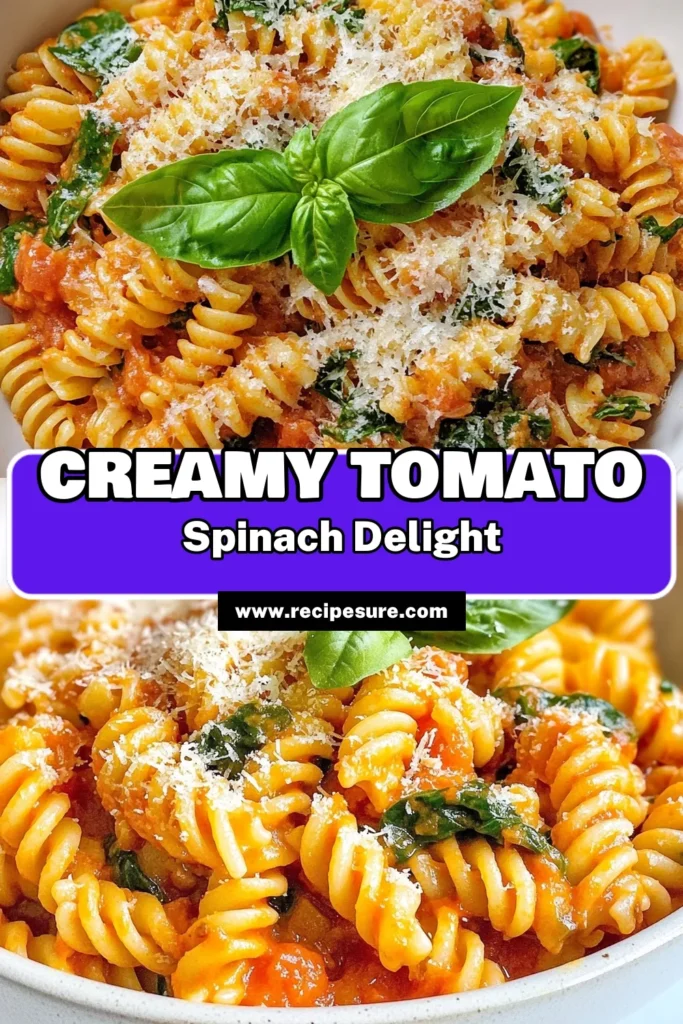 Indulge in this creamy tomato spinach pasta thatβs sure to become a go-to in your kitchen. This easy pasta recipe is perfect for busy weeknights and combines pasta with fresh spinach and tomatoes in a rich, creamy sauce. You'll love how quick this one-pot creamy pasta comes together! Elevate your meal with this delicious vegetarian pasta dish. Try it out and save for later! #PastaRecipes #CreamyPasta #VegetarianDishes #OnePotMeals