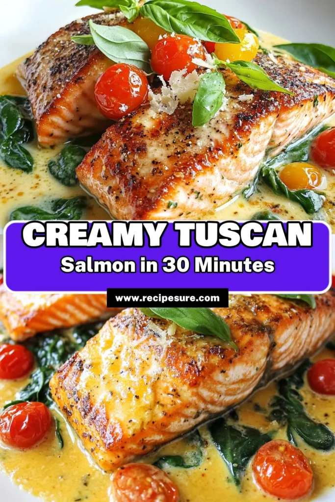 Discover the delightful Creamy Tuscan Salmon recipe that transforms your dinner table into an Italian feast! This easy salmon recipe features tender salmon fillets bathed in a luscious creamy sauce, perfectly paired with cherry tomatoes and fresh spinach. Perfect for a Tuscan salmon dinner, this dish is quick to prepare and a crowd-pleaser. Try it tonight and enjoy this Italian salmon dish! Save and share for later! #CreamyTuscanSalmon #EasySalmonRecipe #TuscanDinner #ItalianFood