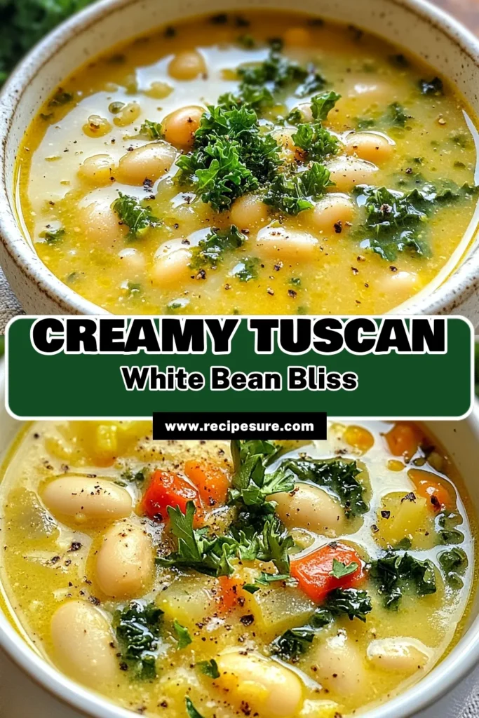 Indulge in this Creamy Tuscan White Bean Soup, perfect for a healthy meal! This Vegan White Bean Soup Recipe is easy to make and bursting with flavor from fresh veggies, kale, and aromatic herbs. Ideal for chilly days, this Healthy Soup Recipe is a must-try! Ready in just 40 minutes, you'll love this Easy White Bean Soup. Save this Tuscan Soup with Kale to your favorites for a comforting dish! #VeganRecipes #HealthyEating #SoupLovers #ComfortFood
