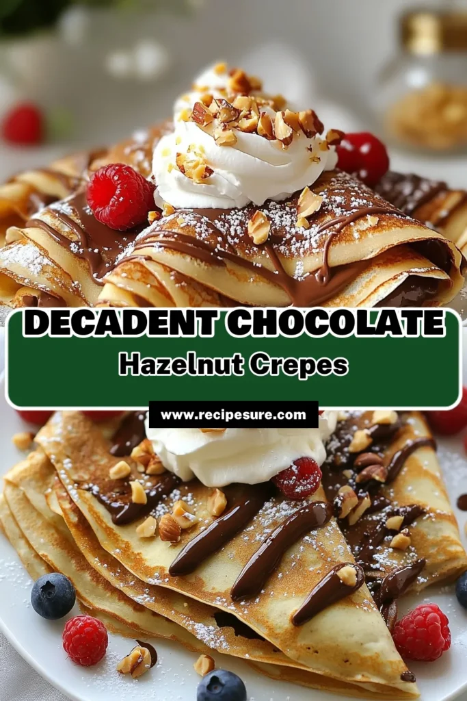 Indulge in these irresistible chocolate hazelnut crepes—perfect for breakfast or dessert! This easy Nutella crepes recipe combines rich chocolate crepes with hazelnuts for a decadent treat. Serve them warm with homemade whipped cream for the ultimate dessert experience. Ready to delight your taste buds? Try this easy crepes dessert today! Don’t forget to save for later! #ChocolateHazelnutCrepes #NutellaCrepes #DessertRecipes #EasyCrepes