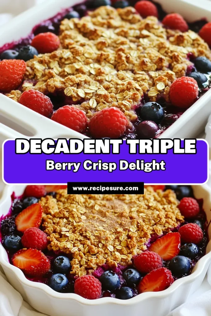 Satisfy your sweet tooth with this delightful Triple Berry Crisp recipe! Bursting with fresh strawberries, blueberries, and raspberries, this dessert is a perfect treat for any occasion. With a simple topping of oats and brown sugar, you'll love how easy it is to whip up. Ready in just 45 minutes, it’s a crowd-pleaser that pairs wonderfully with ice cream. Click through to explore this delicious recipe today! #TripleBerryCrisp #DessertRecipes #BerryDelights #BakingJoy