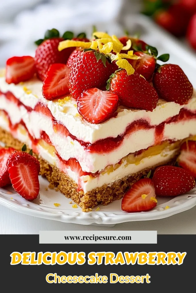 Indulge in this refreshing Strawberry Cheesecake Icebox Cake, an effortless no-bake cheesecake recipe perfect for summer. With layers of creamy cheesecake and juicy strawberries, it’s one of the easiest dessert recipes you’ll ever make. Get creative with your strawberry dessert ideas and impress your guests! Chill, slice, and serve! Try it today! #StrawberryCheesecake #NoBakeDessert #SummerDesserts #EasyDessertIdeas