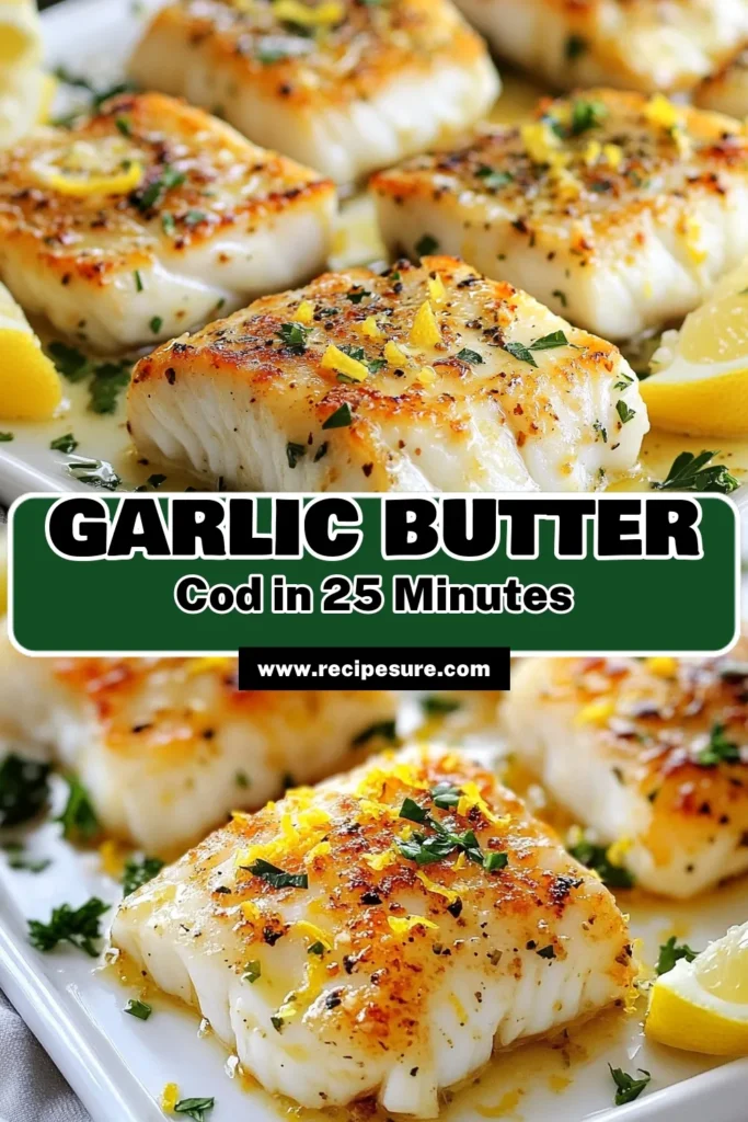 Discover this delightful garlic butter cod recipe that’s perfect for a healthy seafood dinner! This easy cod fillet recipe features tender baked cod with lemon, infused with garlic and vibrant flavors. In just 25 minutes, you’ll have a delicious lemon garlic fish dish that impresses at any table. Don't miss out—try it today! Save for your next dinner inspiration! #SeafoodRecipe #CodRecipe #HealthyDinner #EasyRecipes