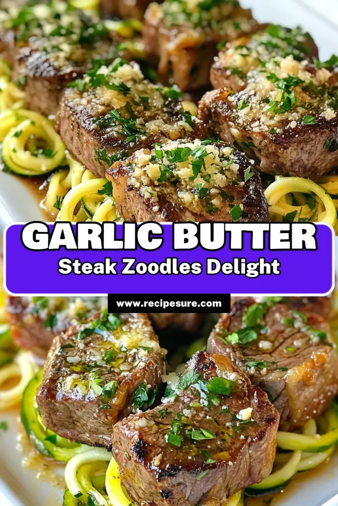 Indulge in this mouthwatering Garlic Butter Steak Bites with Zoodles, the perfect Low Carb Steak Dinner that's ready in just 20 minutes! This delicious Zucchini Noodles Recipe features tender steak bits tossed in a rich garlic butter sauce, combined with easy garlic butter zoodles for a satisfying meal. Try this healthy, spiralized zucchini recipe today! Save for later and enjoy. #GarlicButterSteakBites #ZucchiniNoodles #LowCarbDinner #HealthyEats