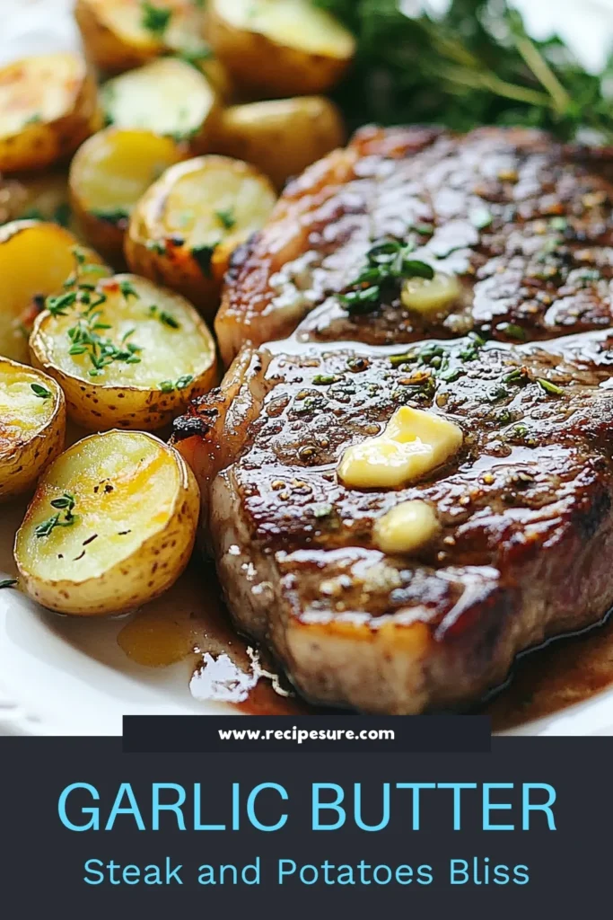 Indulge in this easy Garlic Butter Steak Recipe featuring succulent ribeye steaks with perfectly roasted potatoes. This Garlic Butter Steak Dinner combines flavor and simplicity, making it a must-try for any home cook. Follow our oven-roasted steak and potatoes instructions to create a mouthwatering meal that impresses. Save this recipe for a delicious night in! #GarlicButterSteak #RibeyeSteaks #EasyGarlicButterSteak #OvenRoastedDinner