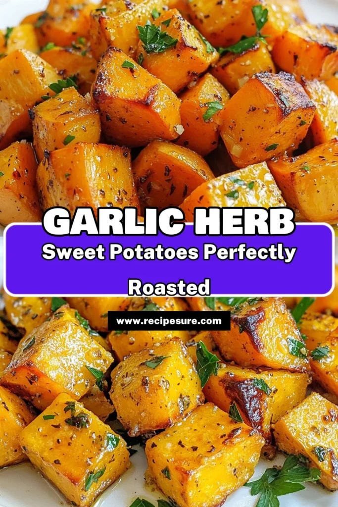 Discover the magic of Garlic Herb Roasted Sweet Potatoes, the perfect roasted sweet potato recipe that brings healthy sweet potatoes to life! These oven roasted sweet potatoes are seasoned with garlic, thyme, and rosemary, creating a delicious sweet potato side dish. Ready in just 40 minutes, this recipe is sure to impress at any meal. Try it today and elevate your dinner! Save this recipe for later! #SweetPotatoes #HealthyRecipes #RoastedVegetables #SideDish