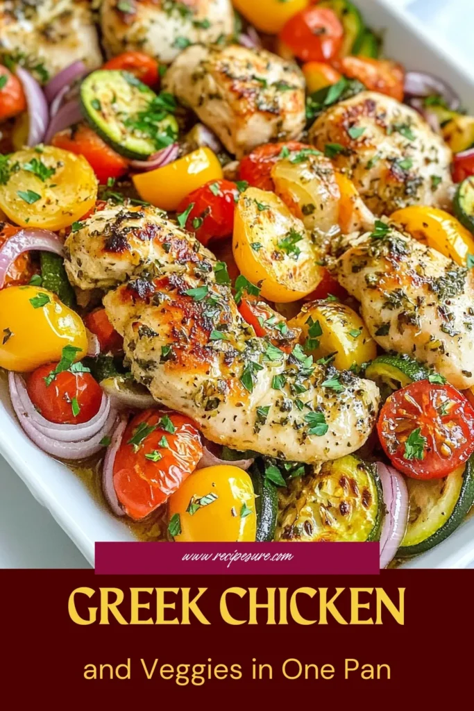 Discover a simple and delicious Mediterranean chicken recipe with this Sheet Pan Greek Chicken and Veggies! Perfect for a healthy Mediterranean dinner, this one pan chicken and veggies dish combines baked chicken with olives, cherry tomatoes, and vibrant bell peppers for a flavorful meal. Ready in just 45 minutes, this recipe is a must-try. Save it now and elevate your weeknight dinners! #MediterraneanDiet #HealthyDinner #SheetPanMeals #OnePanWonder