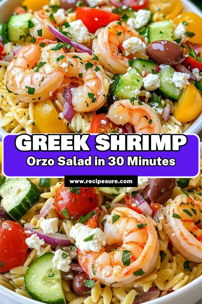 Discover the deliciousness of Greek shrimp salad with this easy orzo salad recipe! Packed with fresh ingredients, this Mediterranean shrimp dish features succulent shrimp, vibrant veggies, and tangy feta cheese for a healthy meal option. Perfect for gatherings or a light dinner, this salad is sure to impress. Try it today and savor each bite! Save this recipe for healthy shrimp recipes! #GreekShrimpSalad #OrzoSaladRecipe #MediterraneanShrimpDish #FetaCheeseSalad