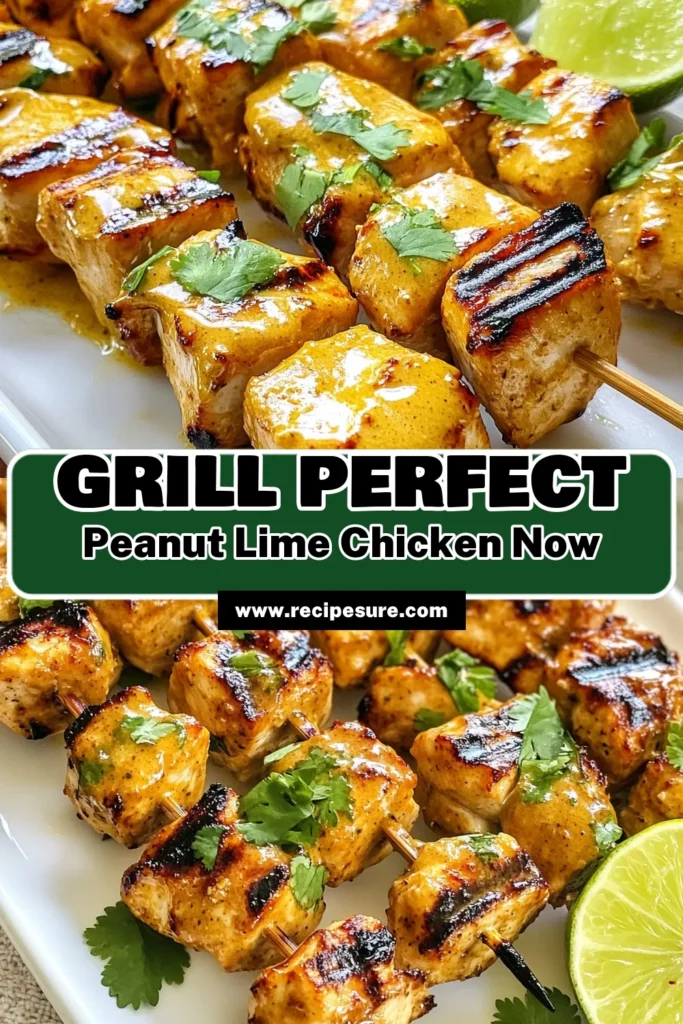 Discover the deliciousness of Peanut Lime Chicken Skewers! This easy grilled chicken skewers recipe features a mouthwatering marinade that combines creamy peanut butter, soy sauce, and fresh lime juice for an Asian-inspired twist. Perfect as healthy grilled chicken appetizers, these easy chicken skewers are sure to impress your guests. Ready to elevate your BBQ? Try this recipe today! #PeanutLimeChicken #GrilledChickenSkewers #HealthyAppetizers #AsianInspiredCooking