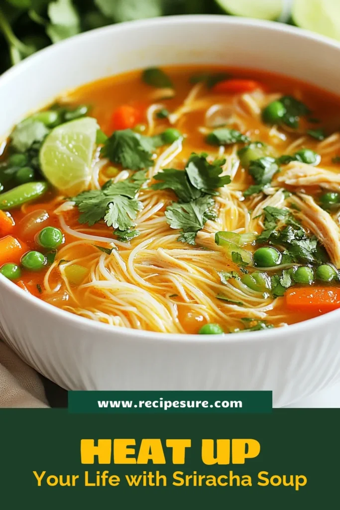 Warm up with this delicious Spicy Sriracha Chicken Noodle Soup! This easy spicy soup features tender chicken, fresh veggies, and a kick of Sriracha for a flavorful twist on a classic. Perfect for a quick noodle soup recipe that’s also healthy, this Sriracha chicken soup recipe comes together in just 35 minutes. Ready to spice up your dinner? Save this recipe for the ultimate cozy meal! #SpicyChickenNoodleSoup #HealthySoup #QuickNoodleSoup #EasySpicySoup