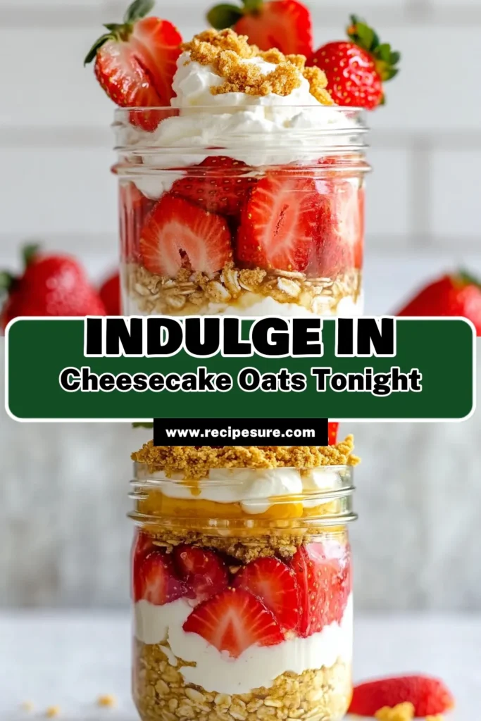 Indulge in the deliciousness of Strawberry Cheesecake Overnight Oats, a healthy overnight oats recipe that’s perfect for busy mornings or as a no-cook dessert! This easy breakfast with strawberries combines rolled oats, Greek yogurt, fresh strawberries, and a creamy cheesecake layer for a satisfying treat. Ready in just 15 minutes, enjoy a wholesome meal that’s both nutritious and delightful. Try it today! #HealthyOats #StrawberryCheesecake #BreakfastIdeas #NoCookDessert