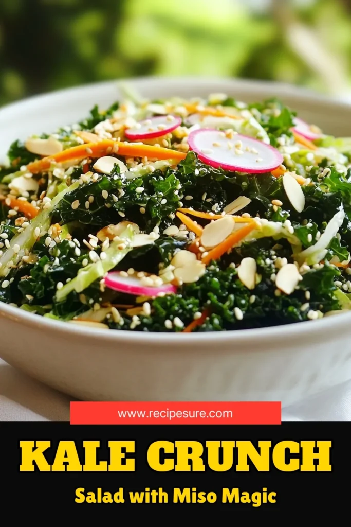 Discover the delicious Sesame Miso Kale Crunch Salad, a vibrant Vegan Salad Recipe packed with nutrients. This Healthy Miso Dressing brings out the flavors of fresh kale, crunchy cabbage, and colorful radishes. Perfect for a quick meal or as a side dish, this Crunchy Vegetable Salad is a treat for your taste buds. Try this easy recipe now and elevate your salad game! Save this pin for later! #VeganSalad #HealthyEating #KaleSalad #MisoDressing