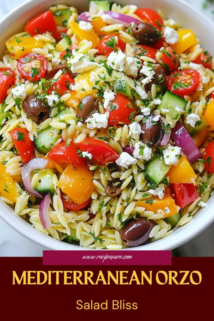 Discover the vibrant flavors of Mediterranean cuisine with this delicious Mediterranean orzo pasta salad! This healthy orzo salad recipe features fresh ingredients like cherry tomatoes, cucumber, and feta cheese, making it a perfect dish for potlucks or quick lunches. Enjoy the taste of summer in every bite. Save this recipe for an easy, nutritious meal everyone will love! #MediterraneanPastaSalad #OrzoSaladRecipe #HealthyOrzoSalad #FetaCheeseSalad