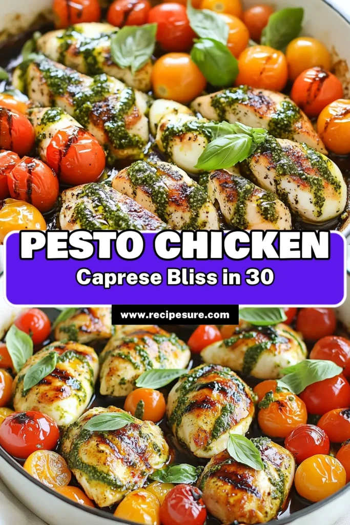 Discover the deliciousness of Pesto Chicken Caprese with this easy one-pan skillet chicken recipe! This Easy Caprese Skillet combines juicy chicken, zesty basil pesto, and fresh mozzarella for a mouthwatering dinner option. In just 30 minutes, you can savor a delightful Basil Pesto Chicken that’s perfect for busy weeknights. Don’t miss out on this flavorful dish—save this recipe for your next meal! #PestoChickenCaprese #SkilletChickenRecipe #OnePanDinner #EasyCapreseSkillet