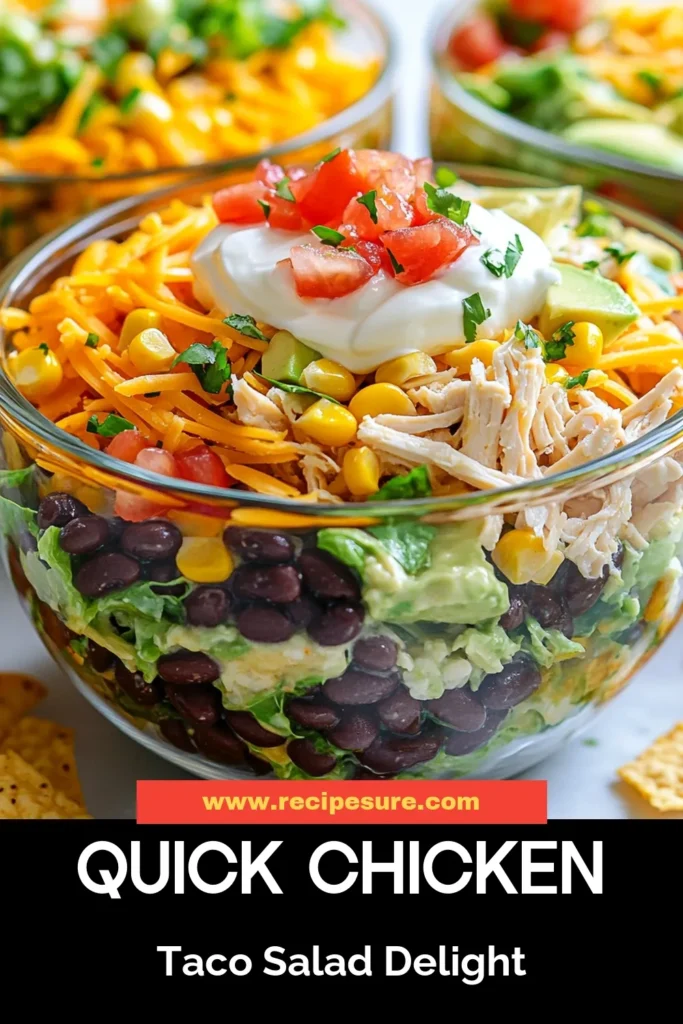 Looking for a quick and delicious meal? Try this Easy Chicken Taco Salad! Packed with protein and fresh ingredients, this healthy taco salad recipe features shredded chicken, black beans, corn, and avocado, making it a satisfying and nutritious choice. Perfect for weeknight dinners or meal prep, it takes just 15 minutes to whip up. Don't miss out on this tasty chicken and black bean salad. Save this recipe now! #EasyChickenTacoSalad #HealthyTacoSaladRecipe #QuickChickenSalad #TacoSaladWithAvocado