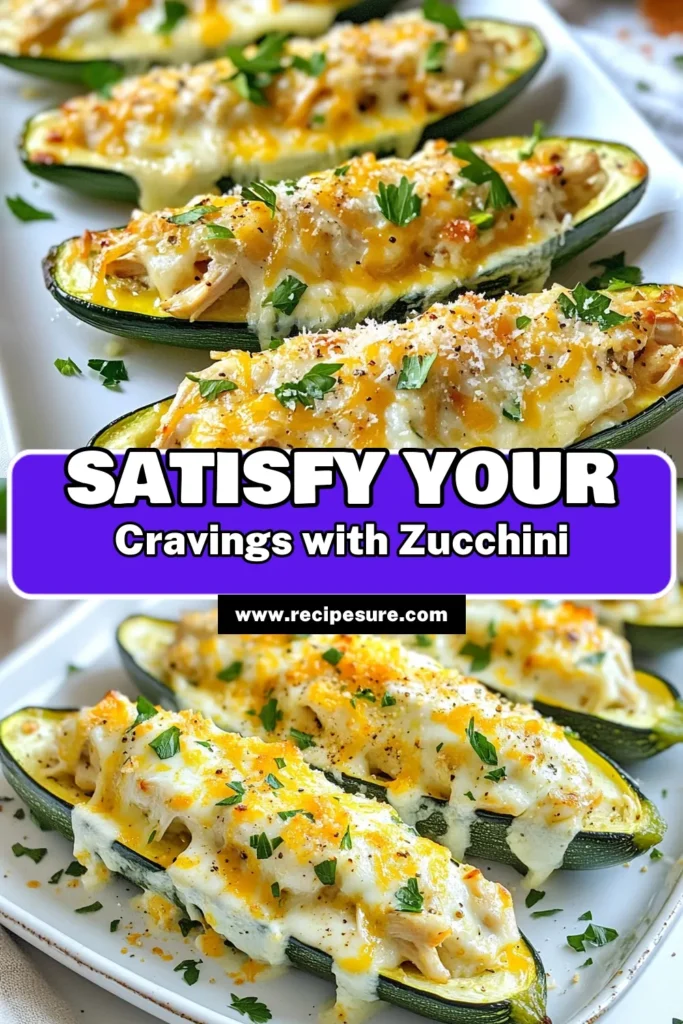 Looking for a delicious and healthy weekday meal? Try these Chicken Alfredo Zucchini Boats, a great low carb chicken dinner that's easy to make! This stuffed zucchini recipe combines tender zucchini with shredded chicken and creamy Alfredo for a satisfying dish. Perfect for meal prep or family dinners, you'll love the flavors and ease of this healthy Chicken Alfredo dish. Save and share this Easy Zucchini Recipes idea today! #ChickenAlfredo #ZucchiniBoats #LowCarbDinner #StuffedZucchini
