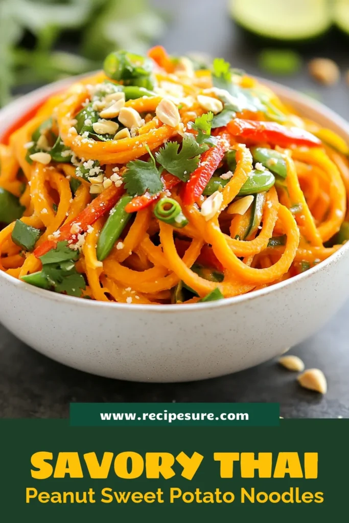 Indulge in a delicious and healthy vegan Thai noodle dish with this Thai peanut sweet potato noodles recipe! These spiralized sweet potato noodles are paired with vibrant veggies and coated in a rich gluten-free peanut sauce that's easy to whip up. Perfect for a quick weeknight supper, this meal is both nutritious and satisfying. Save this recipe for a delightful twist on your next dinner! #ThaiPeanutNoodles #SweetPotatoNoodlesRecipe #VeganThaiNoodleDish #GlutenFreePeanutSauce
