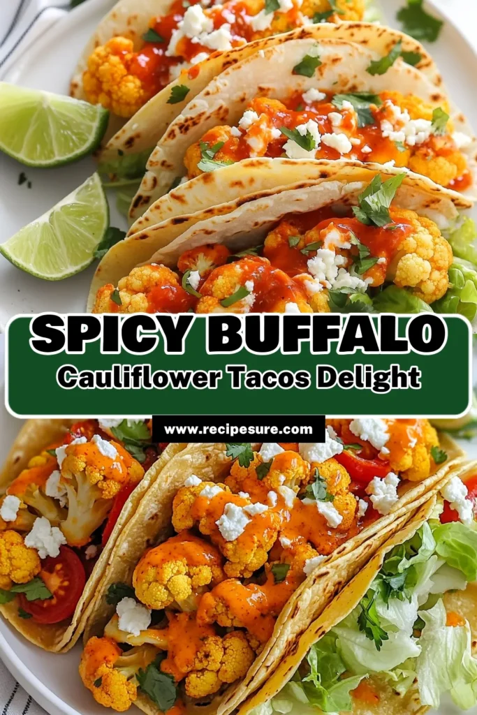 Savor the delight of Spicy Buffalo Cauliflower Tacos, a must-try in vegetarian taco recipes! These easy cauliflower tacos are baked to perfection and packed with flavor, making them a fantastic gluten-free taco option. Perfect for dinner or a party, these tacos highlight baked buffalo cauliflower loaded with fresh toppings. Dive into this simple recipe and impress your guests! Save this recipe for later! #SpicyBuffaloCauliflowerTacos #VegetarianTacos #GlutenFreeRecipes #EasyCauliflowerTacos
