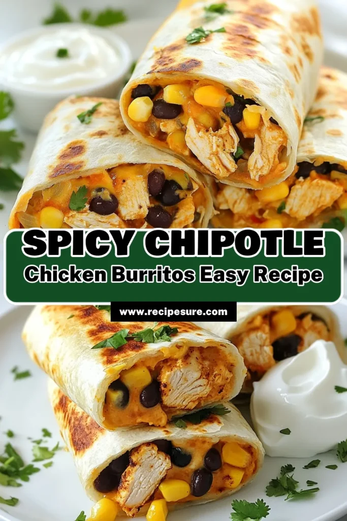 Get ready to spice up your weeknight dinners with these delicious Spicy Chipotle Chicken Burritos! This easy burrito recipe features tender chicken seasoned with chipotle, cooked rice, black beans, and melted cheese—all wrapped in a warm tortilla. Perfect for a quick meal, these homemade burritos are a must-try for any spicy chicken recipe lover. Click to discover how to make your own! #SpicyChipotleChickenBurritos #EasyBurritoRecipe #HomemadeBurritos #SpicyChickenRecipe