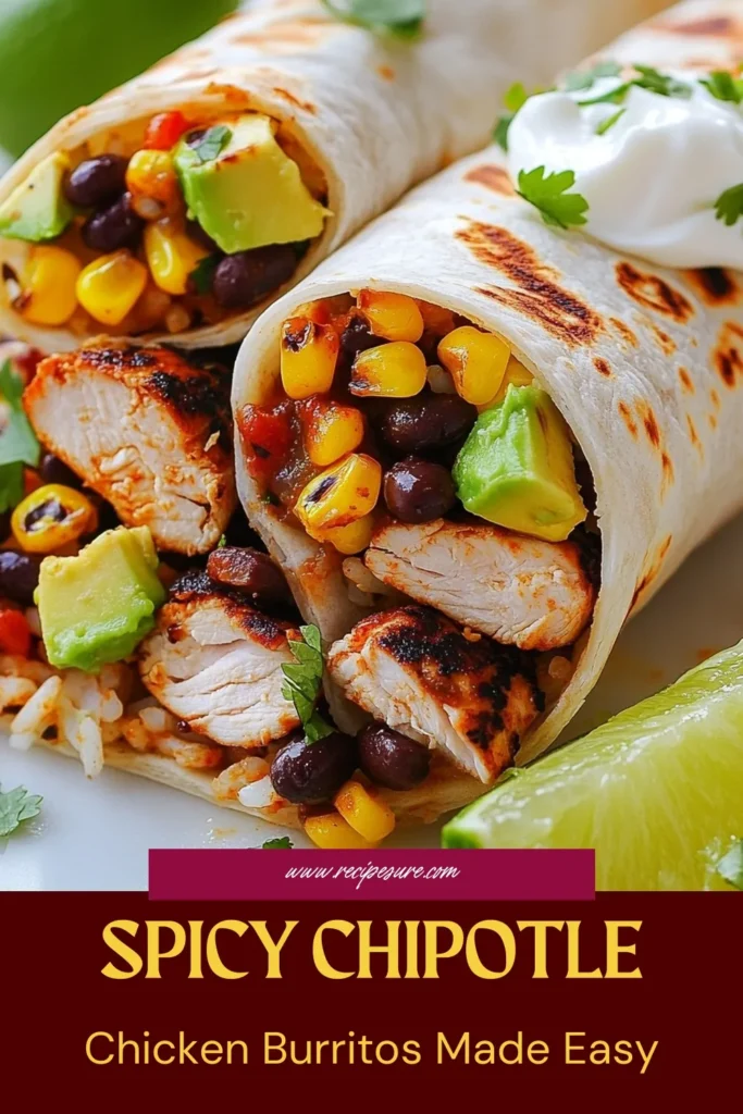 Savor the flavor with this smoky chipotle chicken burrito recipe! This easy burrito recipe is perfect for busy weeknights and features grilled chicken marinated in chipotle for an irresistible spicy kick. Packed with rice, black beans, and topped with fresh avocado and cilantro, this smoky chipotle chicken burrito will delight your taste buds. Try this spicy chicken burrito today and impress your family! Save this recipe for later! #burritorecipes #chipotlechicken #grilledchicken #spicychickenburrito