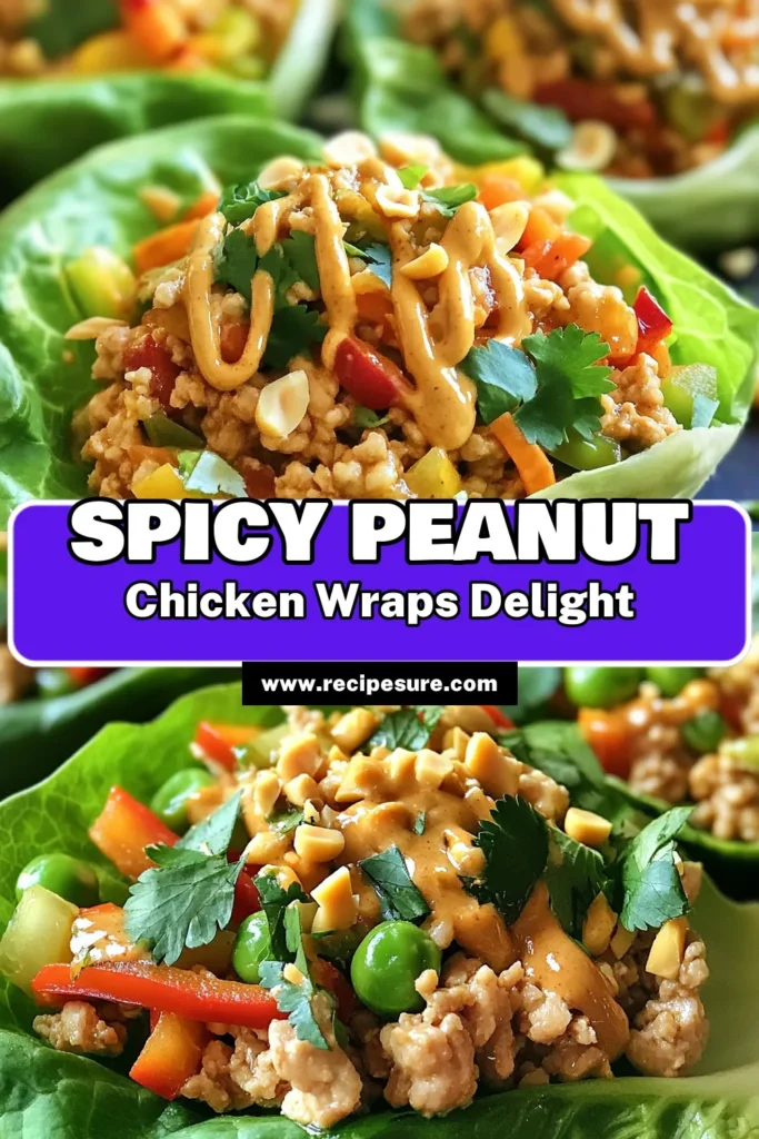 Discover the deliciousness of Spicy Peanut Chicken Lettuce Wraps! This quick Asian lettuce wraps recipe features ground chicken, fresh veggies, and a creamy peanut sauce for a healthy spicy chicken recipe that’s perfect for lunch or dinner. Enjoy these flavorful spicy peanut chicken wraps wrapped in crisp lettuce cups. Your family will love them! Save the recipe now! #SpicyPeanutChickenWraps #HealthyRecipes #LettuceWraps #QuickDinner