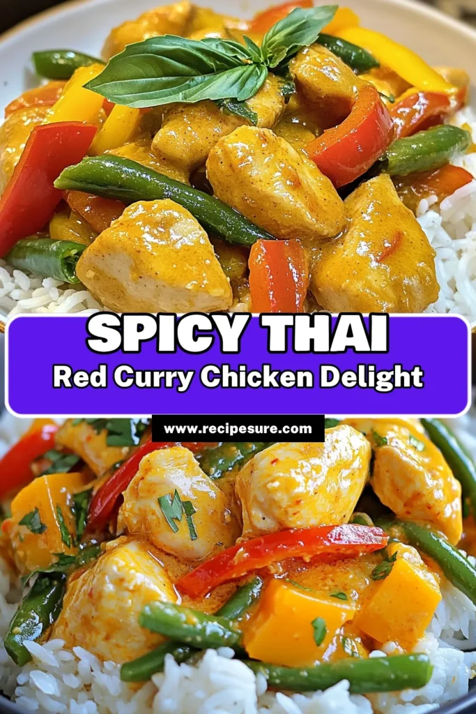 Indulge in a deliciously Spicy Thai Red Curry Chicken that combines tender chicken with vibrant vegetables in a creamy coconut milk chicken recipe. This easy Thai curry recipe packs a flavorful punch and is perfect for cozy dinners. Serve this mouthwatering chicken curry with vegetables over fragrant jasmine rice for a complete meal. Try this recipe now and elevate your cooking! Save for later! #ThaiCurry #CoconutMilkRecipe #ChickenCurry #EasyRecipes