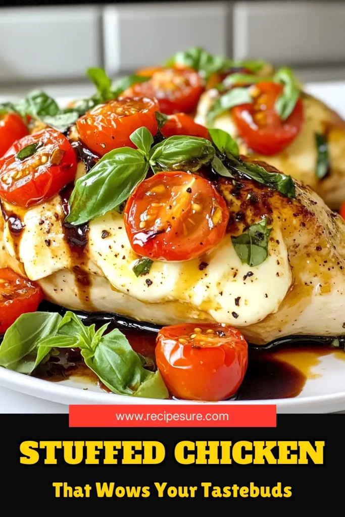 Looking for an easy chicken dinner recipe? Try this Caprese stuffed chicken that's sure to impress! This mozzarella stuffed chicken recipe features tender chicken breasts filled with fresh mozzarella, cherry tomatoes, and basil, all baked to perfection. Ideal for any night of the week, this Italian chicken breast recipe is flavorful and satisfying. Click to discover how to make this delicious baked stuffed chicken and elevate your dinner routine! #CapreseStuffedChicken #EasyDinner #ChickenRecipes #ItalianCuisine