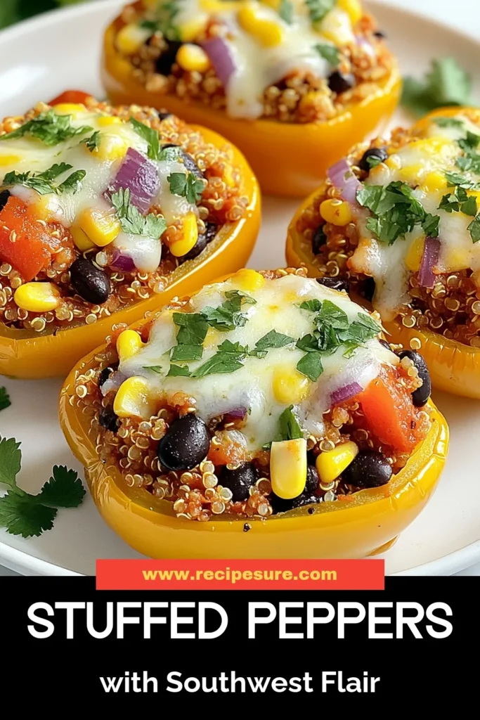 Discover a delicious vegetarian stuffed peppers recipe with these Southwest quinoa stuffed peppers! Packed with healthy ingredients like black beans and corn, this healthy quinoa recipe is perfect for a nutritious dinner. These bell pepper recipes are not just flavorful but also easy to make. Try this colorful dish tonight and enjoy a wholesome meal. Save this recipe for your next cooking adventure! #VegetarianRecipes #HealthyEating #Quinoa #StuffedPeppers