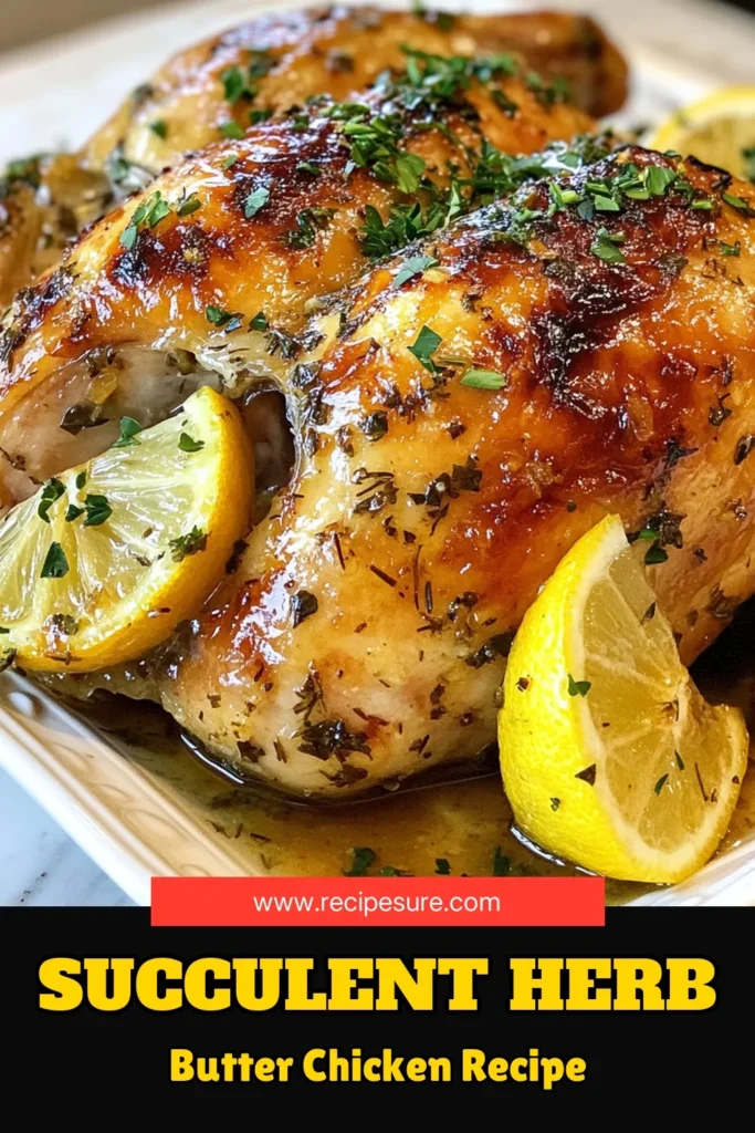Discover the ultimate herb butter roasted chicken recipe that’s bound to impress! This oven roasted whole chicken is seasoned with a delightful garlic herb butter, making it an easy chicken dinner recipe for any occasion. With tender, juicy meat and crispy skin, you'll love every bite. Perfectly roasted, it’s a must-try for family dinners. Click to save this delicious garlic herb chicken recipe today! #HerbButterChicken #RoastedChickenRecipe #EasyChickenDinner #OvenRoastedChicken