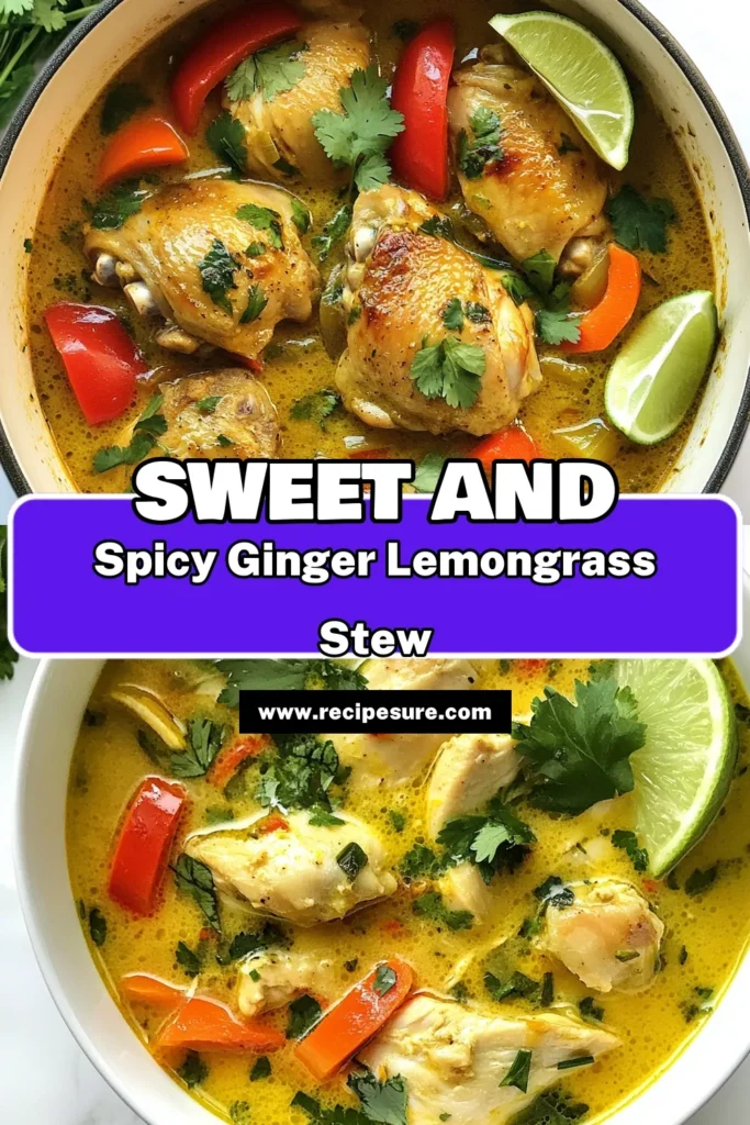 Discover the rich flavors of Ginger Lemongrass Chicken Stew, a delightful Thai chicken stew recipe that's quick and easy to prepare. This coconut milk chicken stew bursts with the freshness of ginger and lemongrass, making it a perfect weeknight meal. Ready in just 45 minutes, this easy chicken stew with ginger is sure to impress your family and friends. Try this lemongrass chicken recipe today and elevate your dinner! Save for later! #GingerLemongrassChickenStew #ThaiChickenStew #CoconutMilkChickenStew #EasyChickenStew