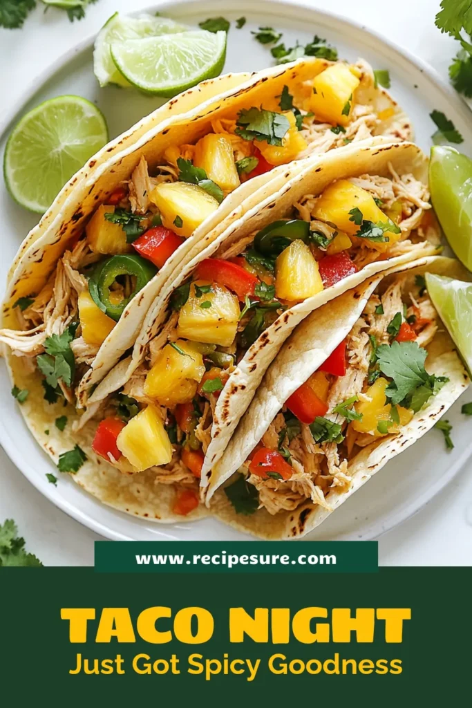Looking for an easy chicken taco recipe? Try these Spicy Pineapple Chicken Tacos! Bursting with flavors from grilled chicken and fresh pineapple, this quick dish is perfect for any taco night. With jalapeño for a kick and topped with cilantro, these cilantro lime chicken tacos are a must-try. Enjoy a delicious and vibrant meal in just 30 minutes. Save this recipe now and bring your taco game to the next level! #SpicyPineappleChickenTacos #ChickenTacos #EasyRecipes #TacoNight