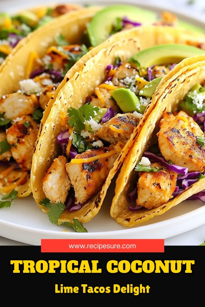 Discover the ultimate Coconut Lime Chicken Tacos, a tropical twist on an easy taco recipe that's healthy and delicious! Marinated in coconut milk and fresh lime juice, these tropical chicken tacos are bursting with flavor. Perfect for a weeknight meal, this coconut milk recipe is sure to impress. Try this simple dish and elevate your taco night! Save this recipe for a tasty dinner! #CoconutLimeChickenTacos #EasyTacoRecipe #TropicalChickenTacos #HealthyChickenTacos