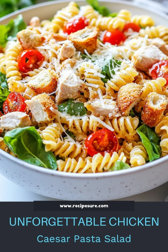 Discover the deliciousness of Chicken Caesar Pasta Salad, a perfect blend of flavors in this fusilli pasta salad recipe. This easy chicken salad is not only quick to prepare but also packed with healthy ingredients. Toss together fusilli, diced chicken, romaine lettuce, and creamy Caesar dressing for a refreshing meal. Make this healthy Chicken Caesar salad today for a delightful lunch or dinner. Save this recipe now and impress your loved ones! #ChickenCaesarPastaSalad #EasyChickenSalad #FusilliPastaSaladRecipe #HealthyChickenCaesarSalad