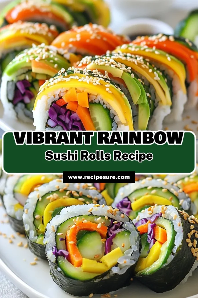 Looking for a vibrant and healthy sushi recipe? Try these Rainbow Veggie Sushi Rolls! This homemade sushi rolls recipe features colorful vegetables like avocado, cucumber, and bell pepper wrapped in fresh nori and seasoned sushi rice. Enjoy a fun, nutritious meal that's perfect for gatherings or meal prep. Perfect your skills in making vegetable sushi today! Don’t forget to save this recipe for later! #RainbowVeggieSushi #HealthySushiRecipe #SushiRollsRecipe #HomemadeSushiRolls