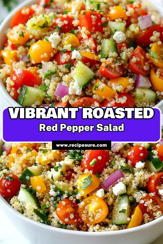 Discover the delicious Roasted Red Pepper Quinoa Salad, a vibrant and healthy quinoa salad that's perfect for any meal. This quinoa salad recipe features roasted veggies quinoa, including sweet red bell peppers and cherry tomatoes, making it a flavorful Mediterranean quinoa salad. Easy to make and packed with nutrients, it's a must-try! Save this recipe and bring a taste of the Mediterranean to your table. #QuinoaSaladRecipe #HealthyQuinoaSalad #RoastedVeggiesQuinoa #MediterraneanQuinoaSalad