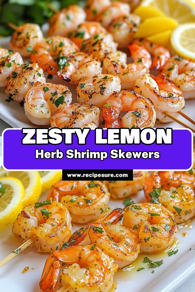 Discover the delightful flavors of these Lemon Herb Shrimp Skewers, a must-try grilled shrimp recipe that combines fresh herbs and zesty lemon for an easy seafood skewers dish. The shrimp marinade with herbs infuses each bite with incredible taste, making it perfect for summer grilling. Elevate your meals with this quick lemon herb shrimp recipe that's sure to impress. Save this easy recipe for your next cookout! #LemonShrimpSkewers #GrilledShrimpRecipe #EasySeafood #ShrimpMarinade