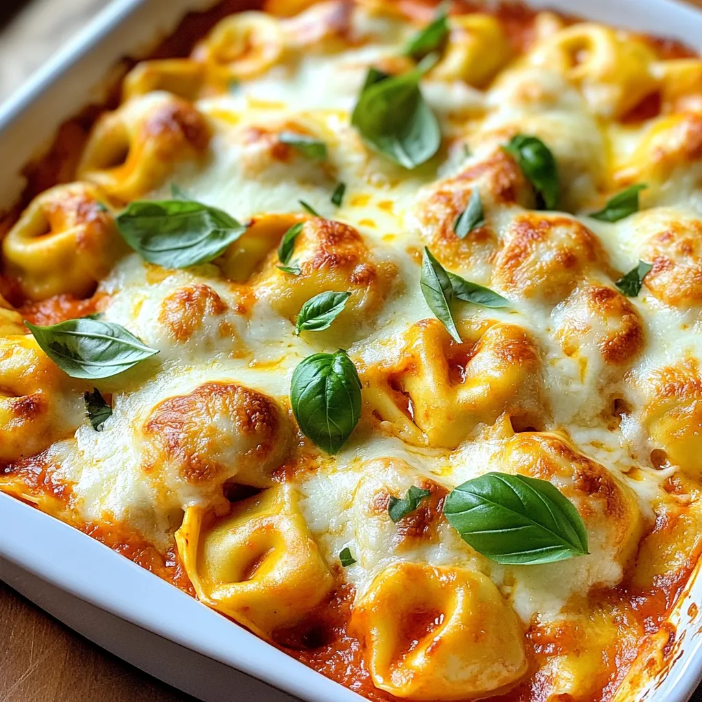 - 12 oz cheese tortellini - 2 large roasted red peppers, chopped - 1 cup ricotta cheese - 1 cup shredded mozzarella cheese, plus more for topping - 1/2 cup grated Parmesan cheese - 2 cups marinara sauce - 2 cloves garlic, minced - 1 teaspoon dried oregano - 1 teaspoon red pepper flakes (optional) - Fresh basil leaves for garnish - Salt and pepper to taste To make a delicious Roasted Red Pepper Tortellini Bake, you need fresh ingredients. Start with cheese tortellini, which gives a soft and cheesy base. The roasted red peppers add a sweet and smoky flavor. Ricotta cheese makes the dish creamy, while mozzarella and Parmesan bring in the cheesy goodness. Next, the marinara sauce ties everything together with its rich taste. Garlic gives a nice kick, and oregano adds that Italian touch. If you like heat, red pepper flakes are a great choice. Don't forget salt and pepper for seasoning. Lastly, fresh basil leaves will add a lovely touch when serving. Each ingredient plays a role in making this dish truly special. Prepare these ingredients, and you’re on your way to a comforting meal that everyone will love! {{ingredient_image_1}} Start by preheating your oven to 375°F (190°C). This step ensures the dish cooks evenly. Next, boil water in a large pot. Cook 12 oz of cheese tortellini according to the package instructions. Aim for al dente, which means firm but not hard. Once they are done, drain the tortellini and set them aside in a bowl. In a large mixing bowl, combine the following ingredients: - 2 large roasted red peppers, chopped - 1 cup ricotta cheese - 1 cup shredded mozzarella cheese - 1/2 cup grated Parmesan cheese Stir these together until they mix well. Then add: - 2 cups marinara sauce - 2 cloves garlic, minced - 1 teaspoon dried oregano - 1 teaspoon red pepper flakes (optional) Mix everything well again. This combination will create a rich and creamy sauce. Gently fold the cooked tortellini into this mixture. Make sure each piece is coated. Season with salt and pepper to your taste. Transfer the tortellini mixture into a greased 9x13 inch baking dish. Spread it out evenly using a spatula. For a delicious topping, sprinkle more shredded mozzarella cheese on top. This will create a golden, bubbly crust when baked. Place the dish in the oven and bake for 25-30 minutes. Once the cheese melts and becomes bubbly, it’s ready. Remove it from the oven and let it cool for about 5 minutes. Garnish with fresh basil leaves before serving. Enjoy your delightful tortellini bake! When cooking tortellini, follow these steps to get great results: - Use plenty of water: This helps prevent sticking. - Add salt: Salting the water adds flavor to the pasta. - Check the package: Cook the tortellini until it is al dente. This means it should be firm but not hard. - Drain carefully: Drain the tortellini but do not rinse. Rinsing washes away the flavor. If you follow these tips, your tortellini will be perfect every time! A good cheese crust makes your dish extra special. Here’s how to get it just right: - Use a mix: Combine mozzarella and Parmesan for the best flavor. - Add more cheese: Sprinkle extra mozzarella on top before baking. - Bake until bubbly: Keep an eye on it. You want it golden and melted. - Broil for a minute: If you want it crispier, broil for a short time at the end. These steps will give you a delicious, cheesy topping that everyone will love. Seasoning and layering can elevate your dish. Here are my suggestions: - Start with the sauce: Spread a thin layer of marinara on the bottom of the dish. This helps prevent sticking. - Mix in flavors: Add garlic, oregano, and red pepper flakes to the cheese mix for depth. - Top with herbs: Fresh basil adds a bright flavor. Sprinkle it on before serving. - Taste as you go: Always season with salt and pepper to match your taste. These tips will help you create a flavorful and well-balanced dish. Pro Tips Use Fresh Ingredients: Fresh basil and high-quality cheese can elevate the flavor of your dish significantly. Customize the Heat: Adjust the amount of red pepper flakes to suit your spice preference—more for heat, less for mild. Make Ahead: Assemble the dish a day in advance, cover, and refrigerate. Just bake it when ready to serve. Perfectly Bake: For a crispy top, broil the dish for the last 2-3 minutes of baking, keeping a close eye to prevent burning. {{image_2}} You can boost this dish with protein. Try adding cooked chicken or turkey. They pair well with the rich flavors. For a meatier option, use crumbled sausage. If you prefer seafood, shrimp works great too. Simply mix any of these proteins into the tortellini bake before baking. This makes it heartier and more filling. To make this dish vegetarian, skip the meat and enjoy it as is. You can also swap the ricotta cheese for a plant-based option. Look for vegan ricotta at the store. Use vegan mozzarella for a dairy-free bake. This way, everyone can enjoy the meal, regardless of their diet. Enhance the taste by adding fresh herbs. Chopped parsley and thyme add great flavor. You can also use more dried oregano or basil. For a spicy kick, increase the red pepper flakes. A pinch of smoked paprika brings a nice depth. Mix and match these herbs to fit your taste. To keep your roasted red pepper tortellini bake fresh, let it cool first. Place leftovers in an airtight container. This helps keep the flavors and moisture in. Store it in the fridge for up to three days. For best taste, eat it within this time. When you're ready to enjoy leftovers, preheat the oven to 350°F (175°C). Cover the dish with foil to prevent it from drying out. Heat it for about 20 minutes or until hot. You can also use the microwave. Place a serving on a plate and cover it. Heat for 1-2 minutes, checking often. You can freeze this dish for later. Let it cool completely and then scoop it into a freezer-safe container. Be sure to leave some space for expansion. It can last in the freezer for up to three months. When you're ready to eat, thaw it in the fridge overnight. Then reheat as mentioned above. Enjoy your easy meal! Yes, you can use fresh tortellini in this recipe. Fresh tortellini cooks faster than dried. Just adjust the cooking time. You only need to boil fresh tortellini for about 2-3 minutes. Keep an eye on it to avoid overcooking. This choice adds a nice texture to your dish. To make this dish gluten-free, use gluten-free tortellini. Many brands offer tasty gluten-free options. Check your local store. Also, ensure the marinara sauce is gluten-free. Some sauces contain gluten. This way, you can enjoy the bake without worry. This tortellini bake pairs well with many sides. A fresh green salad adds crunch and brightness. Garlic bread is another favorite, perfect for scooping up sauce. You might also serve roasted vegetables for a hearty option. Choose sides that balance the meal's richness. Yes, this dish is great for meal prep. You can make it ahead of time and store it. Simply cover the bake and refrigerate for up to three days. To reheat, pop it in the oven until warmed through. This saves time for busy weeknights. This recipe for roasted red pepper tortellini bake is simple and tasty. You learned about the essential ingredients and how to make this dish step by step. I also shared tips for perfecting the cheese crust and possible variations. Whether you're adapting it for dietary needs or storing leftovers, each step is easy to follow. In the end, you can enjoy a delicious meal that satisfies your taste buds. Don't hesitate to get creative with your own spin on this dish!